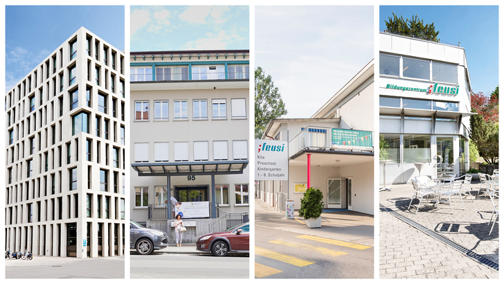 Vier Bilder zu den Standorten des Feusi Billdungszentrum in Bern, Klick-Schule, Muri-Gümligen, Solothurn