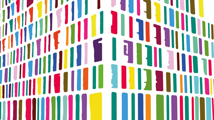 Illustration Feusi-Gebäude mit farbigen Fenstern.